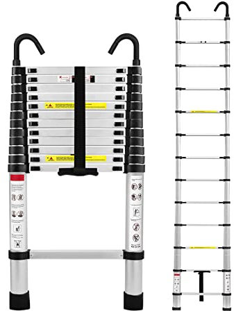 LZQ Escalera telescópica con ganchos, 4,4 m, de aluminio, escalera multiusos (capacidad de carga de 150 kg, escalera extensible con gancho extraíble, antideslizante)
