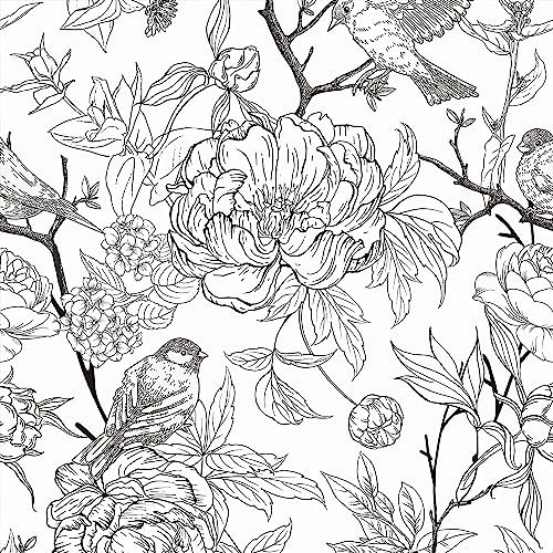 SOEWIOU Floral Peel and Stick Wallpaper,300 * 45cm Removable Waterproof Wallpaper Sketching Flowers and Birds Contact Paper for Nursery Home Decorations