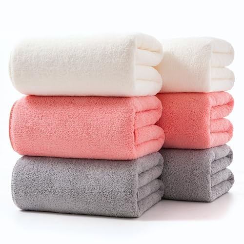 Lumimi Towels 6 Piece Multicolour Soft Microfiber Bath Towel Set Incredibly Absorbent Lightweight Quick Dry and Durable, 55 L x 27 W, 6 Pack Pink Red White Light Grey