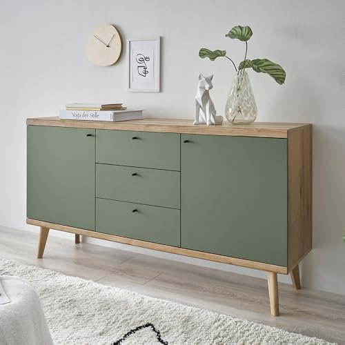 Lomadox Wohnzimmer Esszimmer Anrichte Kommode Sideboard, 160cm in Eiche mit grün Modern