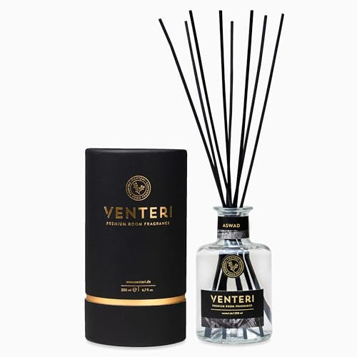 Luxus Raumduft Set VENTERI - Aswad: Orientalisch Würzige Duftkomposition mit 8 Duftstäbchen, Raumduft Diffuser 200ml im Eleganten Glas, Natürlicher Raumduft Ohne Chemie