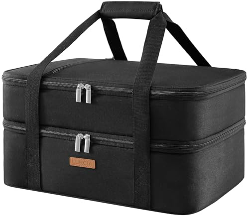 LUNCIA Insulated Double Decker Casserole Carrier, Lasagna Lugger Tote Keeps Food Hot or Cold, Thermal Lunch Bag for Potluck Parties, Picnic and Cookouts, Fits 9 x 13 Baking Dish, Black