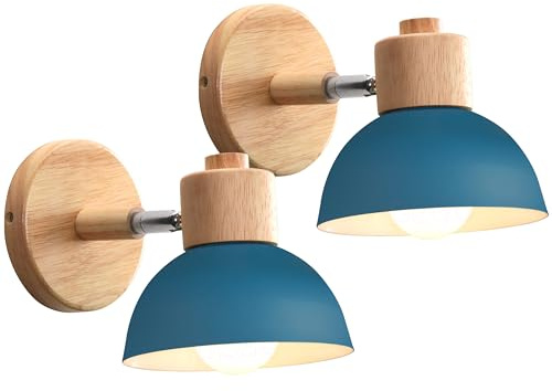 iDEGU 2 stycken vägglampor modern inomhus vägglampa av trä metall halvcirkel lampskärm E27 justerbar väggspot vintage lampa för sovrum vardagsrum kök hall café (Oxford blå)