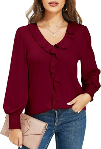 NAIOSS Camicetta da Donna Camicia con Scollo a V a Maniche Lunghe Camicetta Elegante T-Shirt per Lavoro Business Casual Top - Tinta Unita (Rosso Borgogna/XL)