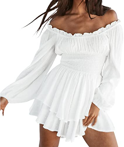 Vestido blanco para mujer pirata - Vestido de mujer sin mangas mini con shorts integrados debajo, mangas largas, volantes, línea A, disfraz de pirata, 2 en 1, corto, de un solo color, vestido bohemio