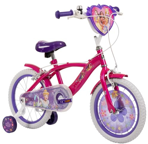 Huffy Disney Princess 16 Kids Bike, Decorative Wheel Insert, Removable Stabilisers, Bell, Front and Rear Mudguards, Enclosed Chain, Girls’ Bicycle for Ages 4-6 - Pink and Purple
