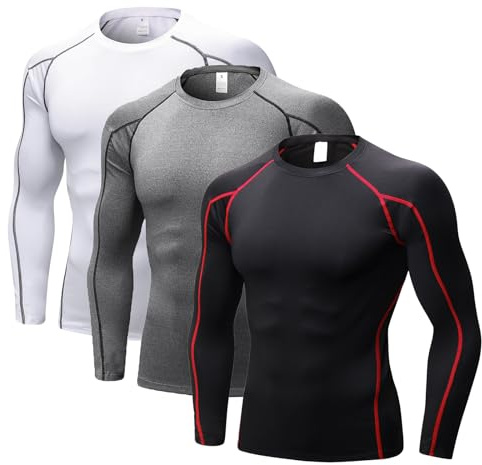 LANBAOSI Lot de 3 t-shirts de compression à manches longues pour homme - Séchage rapide - Pour la gym, la course à pied, le fitness et l'entraînement, XXL