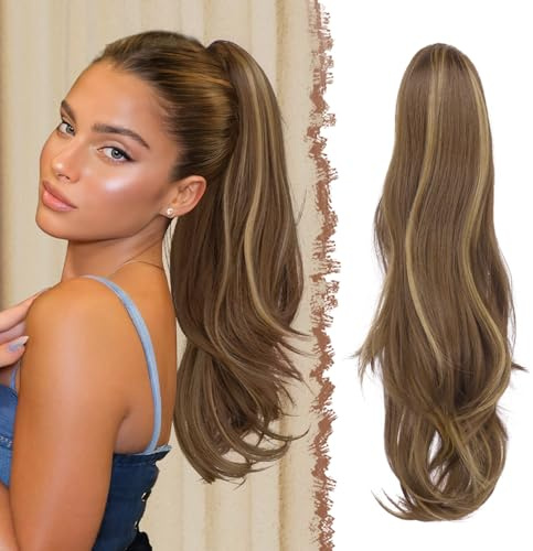 FESHFEN Coda Capelli Extension con Coulisse, Naturali Ondulati Lunga Ricci Posticci Sintetici Biondo Miele Castano Chiaro misto Coda Cavallo Extensions Posticci Capelli per Donna, 50 cm