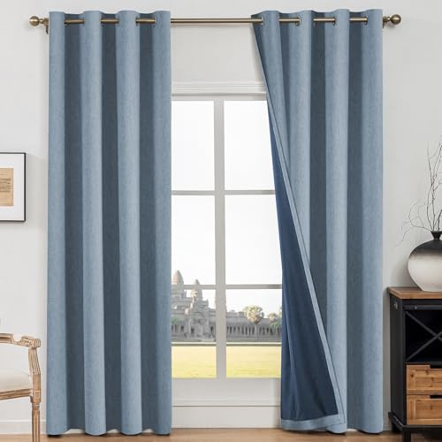 CYCMACO Rideau 100% Occultant, 140x200cm, Faux Lin Lot De 2, Rideau Occultant Thermiques, Phonique Anti Bruit, avec Oeillet, Anti UV, Moderne, Opaque, pour Salon Et Chambre, Bleu