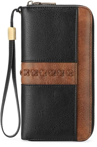 GOIACII Geldbörse Damen Groß Vintage Leder Portmonee RFID Schutz Portemonnaie Frauen mit 12 Kartenfächer Schwarz Braun