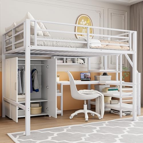 Merax Lit mezzanine, 140 x 200 cm, avec bureau, armoire, échelle de rangement et étagères, cadre de lit avec sommier à lattes (sans matelas), lit en métal, lit d'adolescent, pour enfants/adultes
