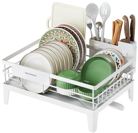 SONGMICS Dish Drying Rack, Dish Drainer Rack for Kitchen Counter, 360° Rotatable and Extendable Spout, Draining Board, with Cutlery Holder, 31 x 42 x 18.5 cm, Cloud White KCS550WG01