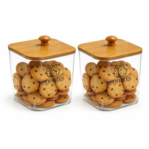 2 Pack Biscuit Tin with Wooden Lid, 2L Plastic Cookie Jar for Kitchen, Airtight Biscuit Barrel with Wide Mouth, Sweet Jars for Candy Buffet, Food Storage Container for Biscuits and Snacks, BPA-Free