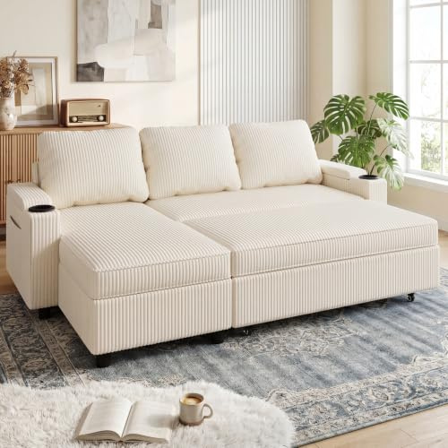 JUMMICO Canapé d'angle Convertible 3 Places, canapé lit avec Rangement intégré et accoudoirs multifonctionnels, idéal pour Salon, Bureau et Petit Appartement, Design Moderne et Pratique,Beige
