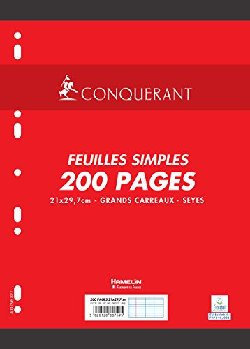 Conquérant Feuilles Simples A4 Grands Carreaux Seyès 200 Pages Sous Film Blanches