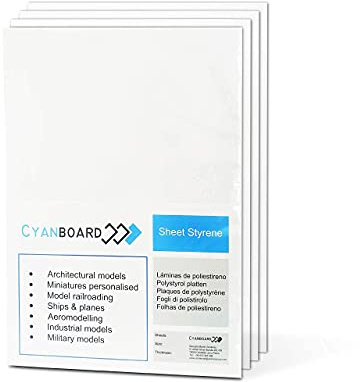 Cyanboard, lastre di polistirolo rigido bianco. Plasticard per modellismo, miniature, diorami, bricolage. Fogli di plastica HIPS (fogli). (A4 (29,7 X 21 cm) X 2 mm X 3 units)