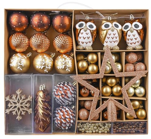 Valery Madelyn 90pcs Boules de Noël Étincelants, Cuivré, Doré et d'argent, Décoration à Suspendre Ornements avec Étoile pour Sapin de Noël, Emballage en Papier Kraft de Luxe
