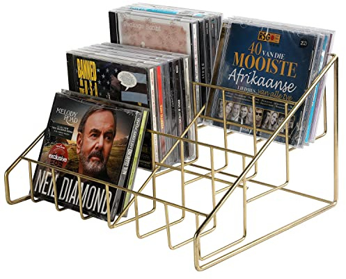MyGift Modern Brass Tone Metal Wire CD Holder Storage Rack, 3 Tier Compact Disc Organizer Display Stand