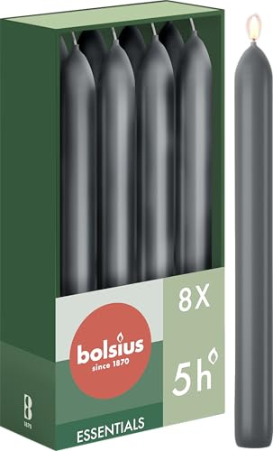 Bolsius Släta stavljus – antracit – 8 stycken i kartong – 17 cm – längd brinntid 5 timmar – oparfymerat – 25% naturligt växtvax – droppfritt – utan palmolja