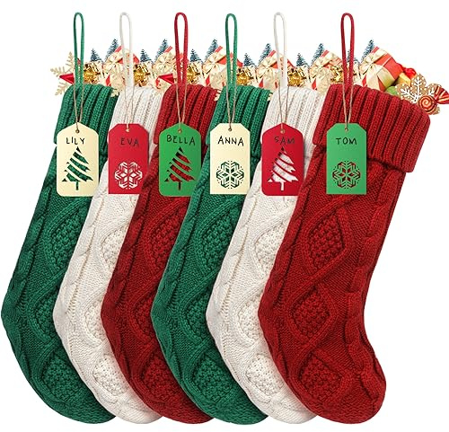 HOMEBROS Christmas Stockings, 18 Inch Large Personalized Family Christmas Stockings with Name Tags, Classic Cable Knitted, Green Burgundy Ivory White, 6 Pcs