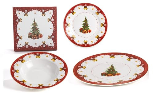 Servizio 12 Piatti Natalizi 4 Piani Grandi, 4 piani regolari, 4 Fondi Regolari in Porcellana Nàvel con Scatole Regalo Eleganti Litografate Paben