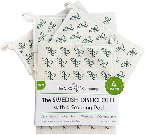 Swedish Dishcloths with Scouring Corner (4 Pack) – Reusable Paper Towel Alternative | Machine Washable Cellulose Sponge Cloths | Eco-Friendly, Biodegradable Kitchen Cleaning Cloths | OEKO-TEX Cert