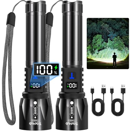 TrixHub Rechargeable Flashlights 99000High Lumens 2Pack, 5Mode Flash Light with LCD Digital Display, Super Bright Adjustable Tactical Flashlight, High Powered LED Handheld Flashlight for Home