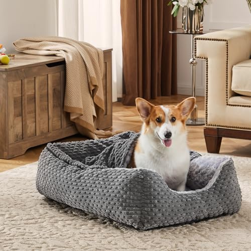Heymamba Small Dog Cat Bed, Washable Puppy Pet Cave Bed, 53x50x17cm | with Hooded for Kittens&Puppies, Calming with Breathable Rose Fluff, Waterproof Pet Sofa Suitable for Corgi and Bulldog