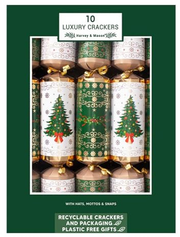Harvey & Mason Christmas Crackers 10 Pack Family Plastic Free and recyclable 36cm, contains Hat, Gift and Motto. (Green White Tree and Wreath)