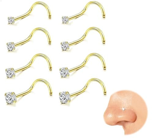 Kabwea 8 pieces 316L nose piercing plug, surgical steel, hypoallergenic, nose stud, piercing nose, nose piercing, nostril piercing, 1.5 mm, 2 mm, 2.5 mm, 3 mm (gold)