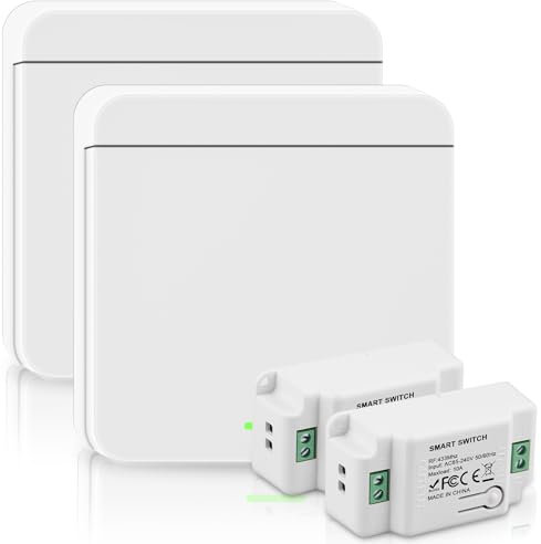 2 Stück Funkschalter Licht 230V 10A, Funkschalter Funk Lichtschalter Set mit Empfänger Kontrolle, Funk-Wandschalter Bis 50m Reichweite, 200-2000W Funktaster, Keine Verkabelung Erforderlich