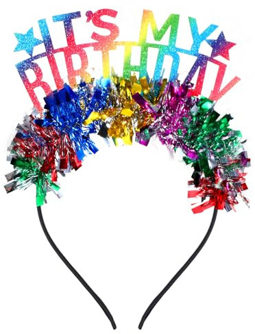 Nogeqi Corona arcobaleno colorata con glitter, cerchietto Happy Birthday Girl, copricapo per compleanno con nappa, scritta It's My Birthday