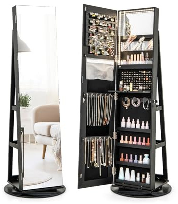 GOPLUS Armoire à Bijoux Avec Miroir Pleine Longueur, Armoire à Bijoux Rotative à 360° Avec Lumière LED 3 Couleurs, Miroir de Maquillage Intérieur, Étagère de Rangement à 2 Niveaux (Noir)