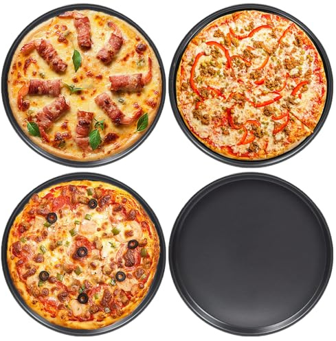 ORFCP Bandeja redonda para pizza de 26 cm, juego de 4 moldes para pizza para hornear y servir, acero inoxidable con revestimiento antiadherente, no tóxico y saludable, duradero y fácil de limpiar