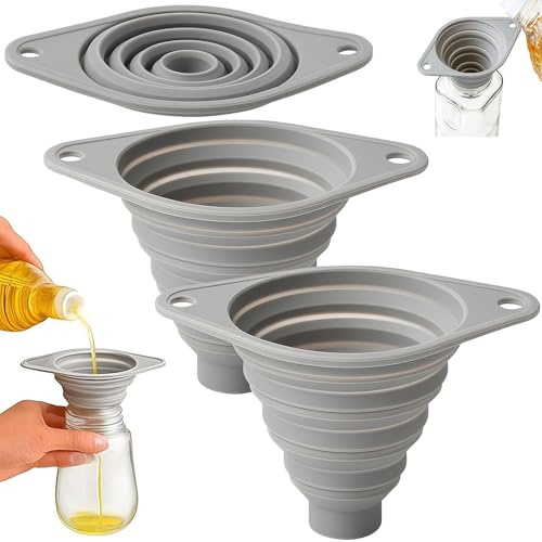 Juego de 3 Folding Funnels, Embudos Plegables de Silicona, Embudo para Uso en Cocina para llenar Botellas, Utensilios de Cocina para Cocinar, embudos pequeños para llenar Botellas pequeñas, Gris