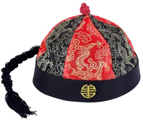HOBBIESAY 2 sombreros de cosplay de la dinastía china Qing para adultos, color rojo, negro, vintage, mandarín, sombrero tradicional oriental real para fiestas, actuaciones en escenarios