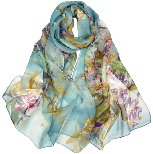 FAIRYGATE Chiffon Scarves Flower Floral Print Ladies Scarf Lightweight Scarfs for Women Elegant Neck Wrap 63 x 20 Inch (160 x 50 cm)