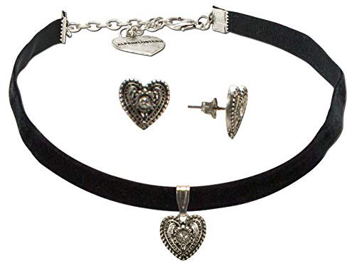 Alpenflüstern Trachtenschmuck-Set Trachten-Samt-Kropfband und Ohrstecker Trachtenherz - Damen-Trachten-Schmuck, Trachtenset Trachtenkette und Trachten-Ohrringe SET042 (schwarz)