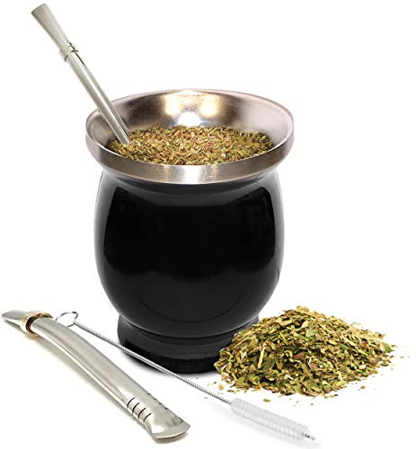 Norte Yerba Mate Cup Kit, 8-Ounces Traditional Mate Tea Cup/Gourd Set | Includes 2 Bombillas (Yerba Mate Straw) & Cleaning Brush, Stainless Steel Cup, Double-Walled, Easy to Clean | Black