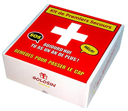 Cadeau anniversaire original. Remèdes pour passer le cap. Boite à pharmacie avec 10 imitations de médicaments. Contient des bonbons
