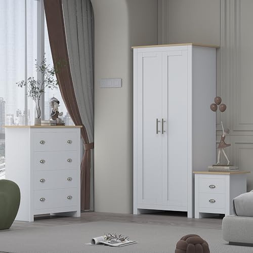AFN Home Country Style 3 Piece Bedroom Set - Wardrobe Chest Bedside (3 Piece Set) (White on Oak)