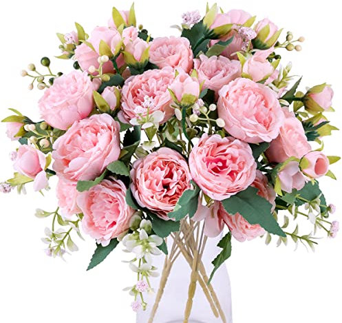 Floweroyal 4 Bouquets Pivoine Fleurs Artificielles Fleurs Roses Pivoines en Soie Bouquets pour Mariage Parti Centres de Table Arrangement Floral Accueil Cuisine Décor
