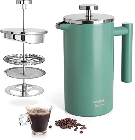 Mixpresso Green Stainless Steel French Press Coffee Maker 26 Oz 770 Ml, Double Wall Insulated French Press Stainless Steel, Easy Clean Tea Brewer, Easy Press Durable Metal Coffee Press
