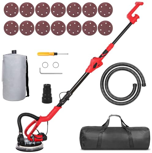 Drywall Sander 750W Electric Foldable Wall Sander 1000-1850RPM LED Lights Sander with 14 PCS Sanding Discs, 6 Variable Speed, Foldable Handle and Carrying Bag, Red