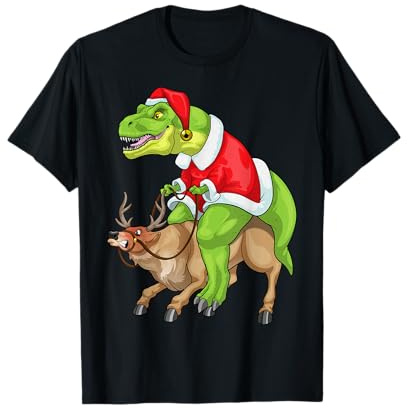 Santa Dinosaur Riding Reindeer Christmas Boys Men Xmas Squad T-Shirt