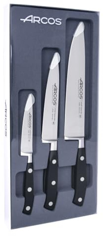 Arcos Riviera - Juego de Cuchillos de Cocina (Mondador + 2 Cuchillo Chef) - Acero Inoxidable Forjado NITRUM - Mango POM - Color Negro