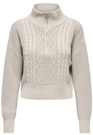 ONLY Damen Strickpullover ONLDoritta Cable Zip High Neck Pulli mit Kragen 15306911 Pumice Stone L