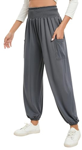 Famulily Comfy Trousers for Ladies Women Oversized Smocked High Rise Palazzo Harem Joggers with Pockets Dark Gray XL