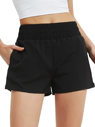 Soudittur Badeshorts Damen Badehose Hohe Taille Schnell Trocknende Boardshorts Wassersport 2 in 1 Laufhose Kurz Sporthose mit Reißverschlusstasche (L, Schwarz)
