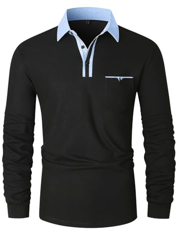 VMSUCIJ Men's Polo Long Sleeve Denim Patchwork Collar Cotton Golf T-Shirt with Real Pocket,Black 43,L